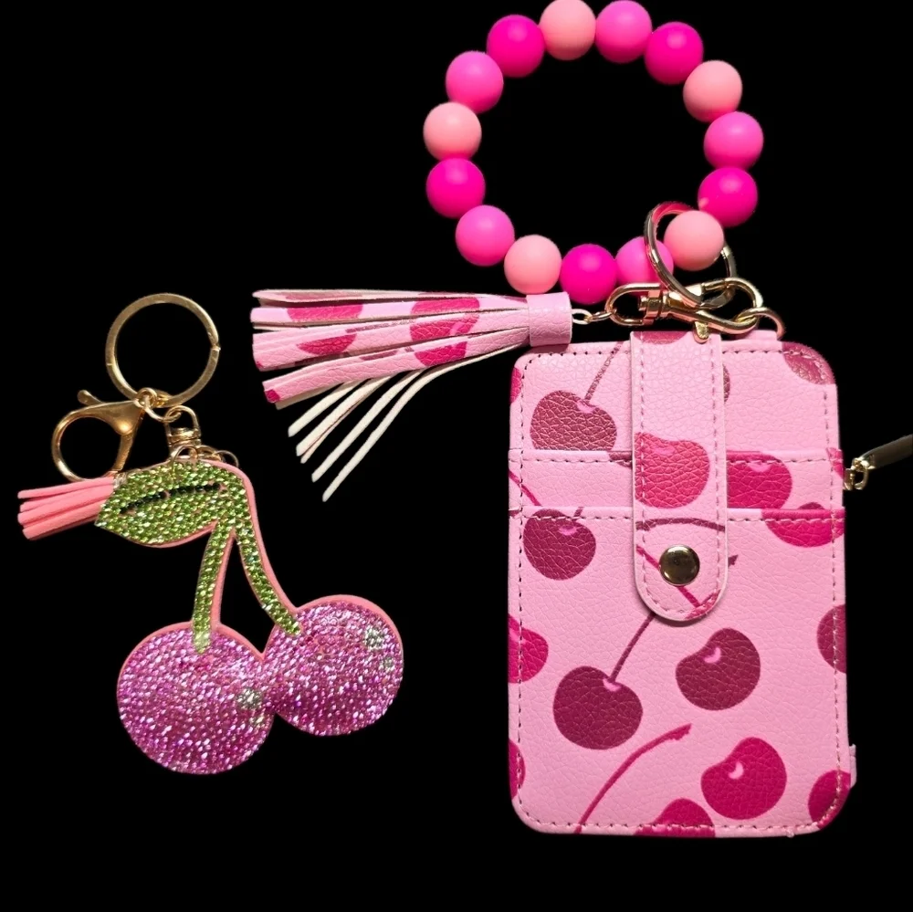 Cherry Pattern Wallet and Keychain Set
